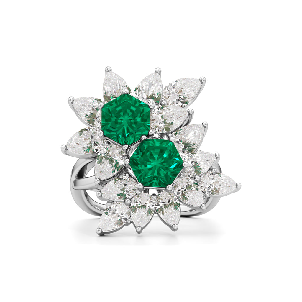 Hexagon Emerald Pear Diamond Cluster Ring