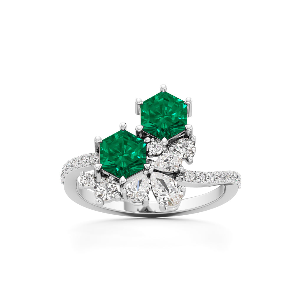 Hexagon Emerald Diamond Cluster Swirl Ring