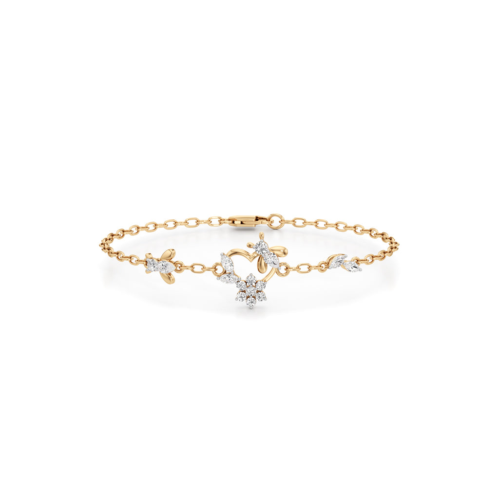925 Sterling Silver 18K Gold Vermeil Floral Heart Bracelet with Lab Grown Diamonds 7 Inch