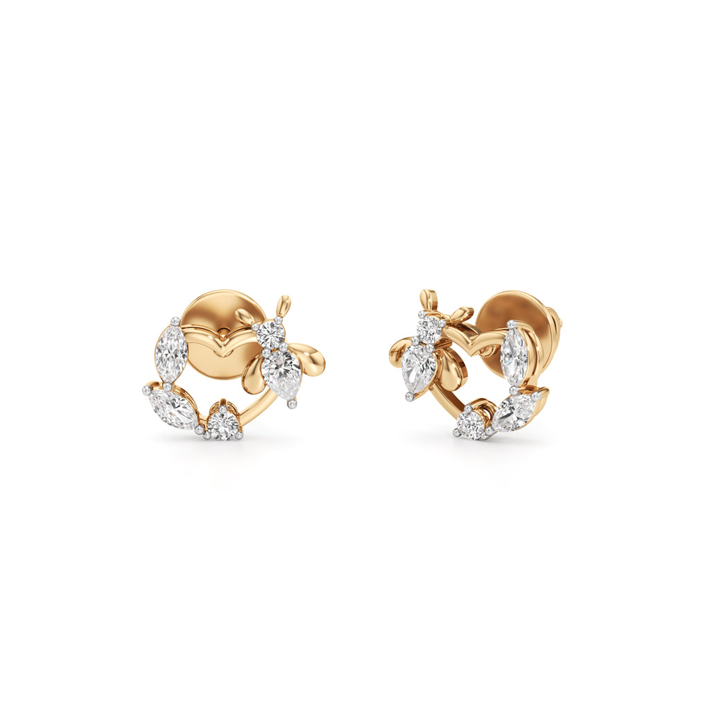Heart Vine And Honeybee Stud Earrings in 925 silver 18k Gold Plated