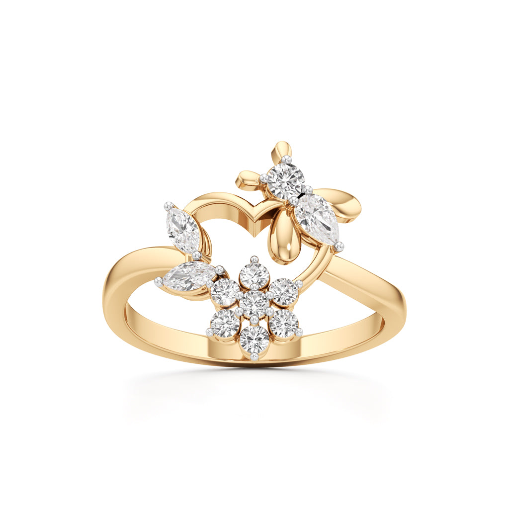 Botanical Heart Floral Cluster 925 Silver 18k Gold Plated Artisan Statement Ring