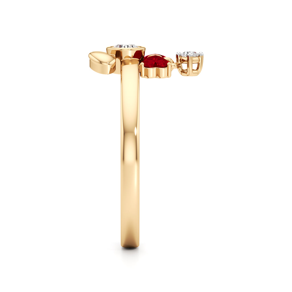 Whimsical Ruby Heart Bow Bunny 925 Silver 18k Gold Plated Artisan Dangle Ring