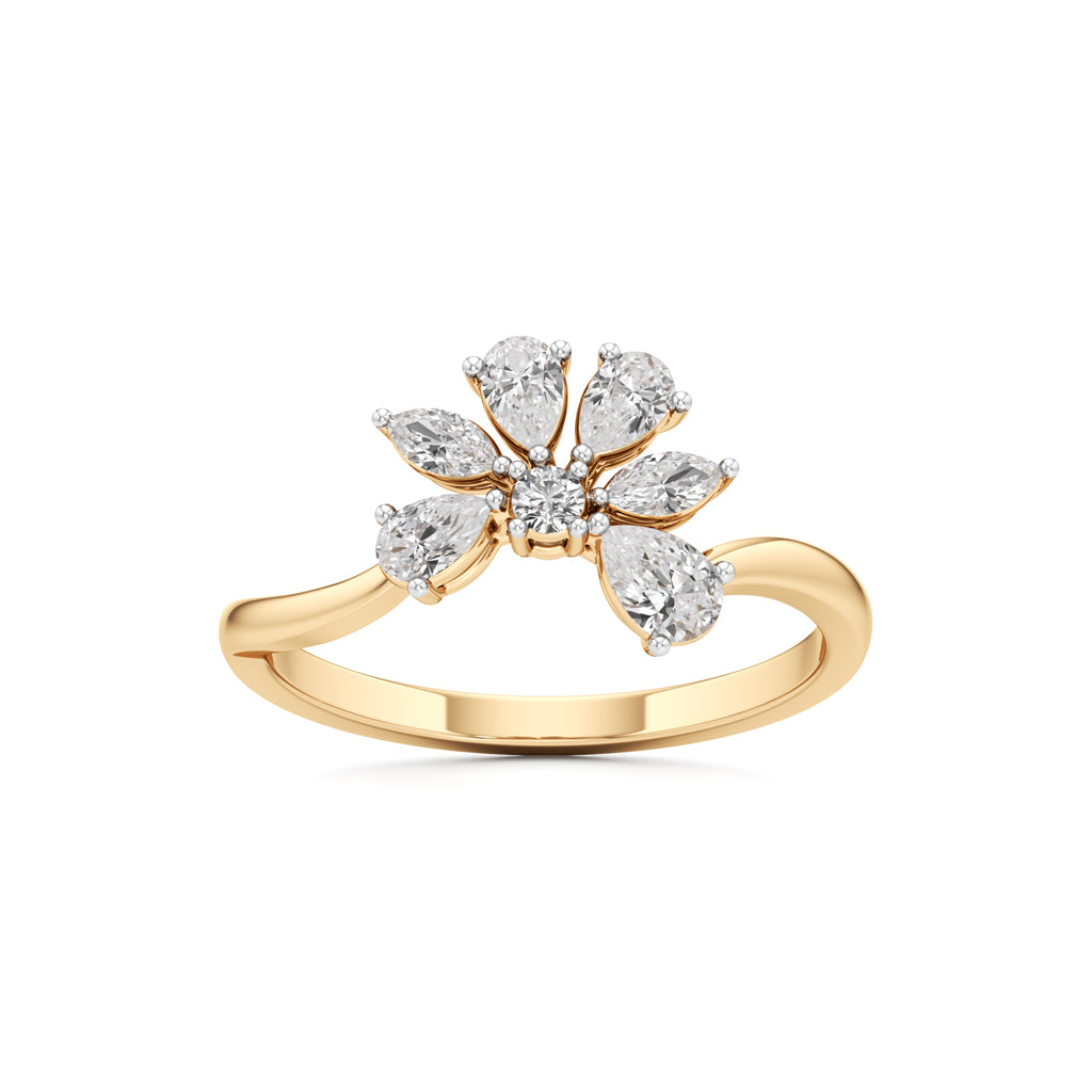 Dainty Floral Bloom Ring in 925 Silver 18k Gold Plated Marquise Pear Cut Simulants