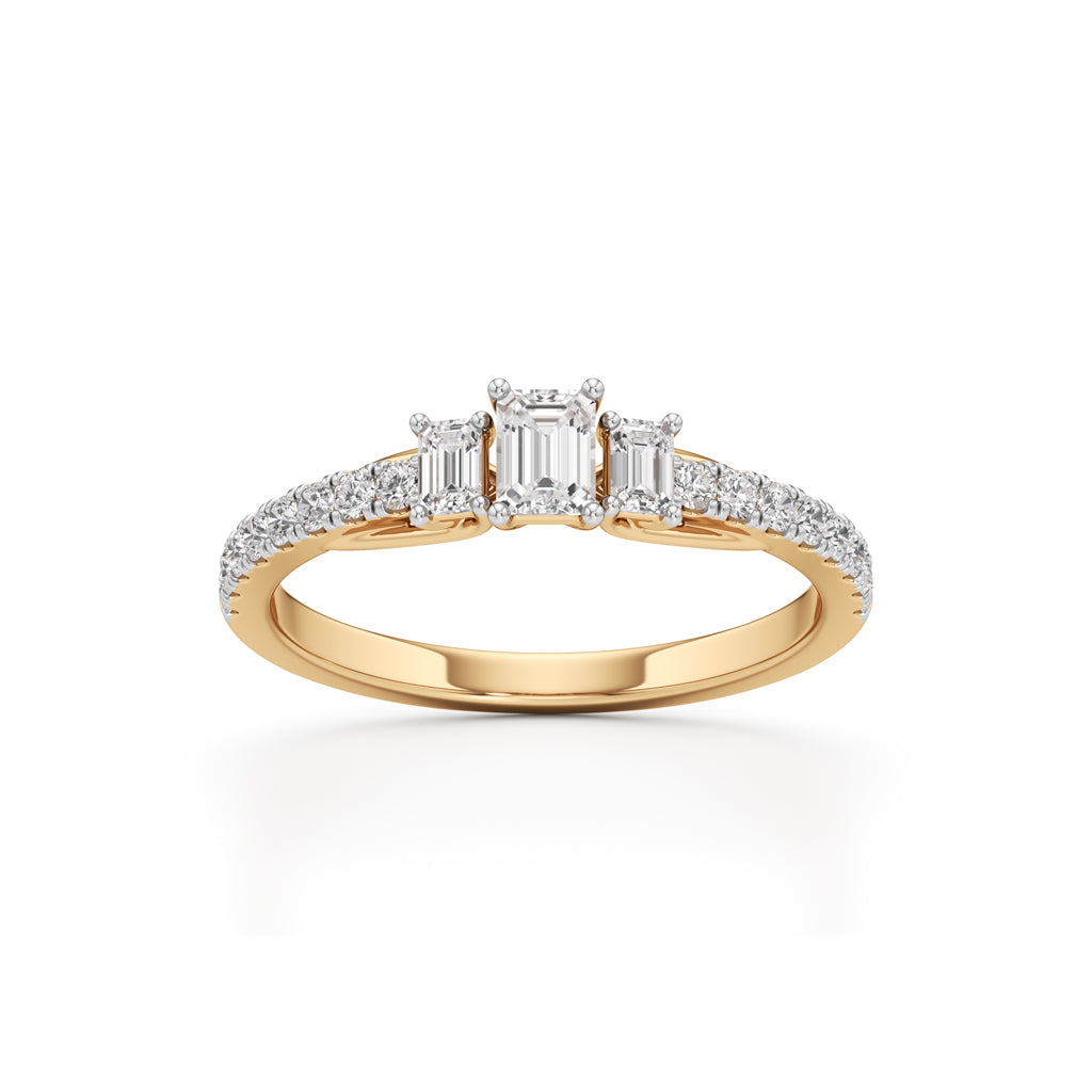 Elite EmeraldCut Trilogy 925 Silver 18k Gold Vermeil Ring with DiamondSet Band