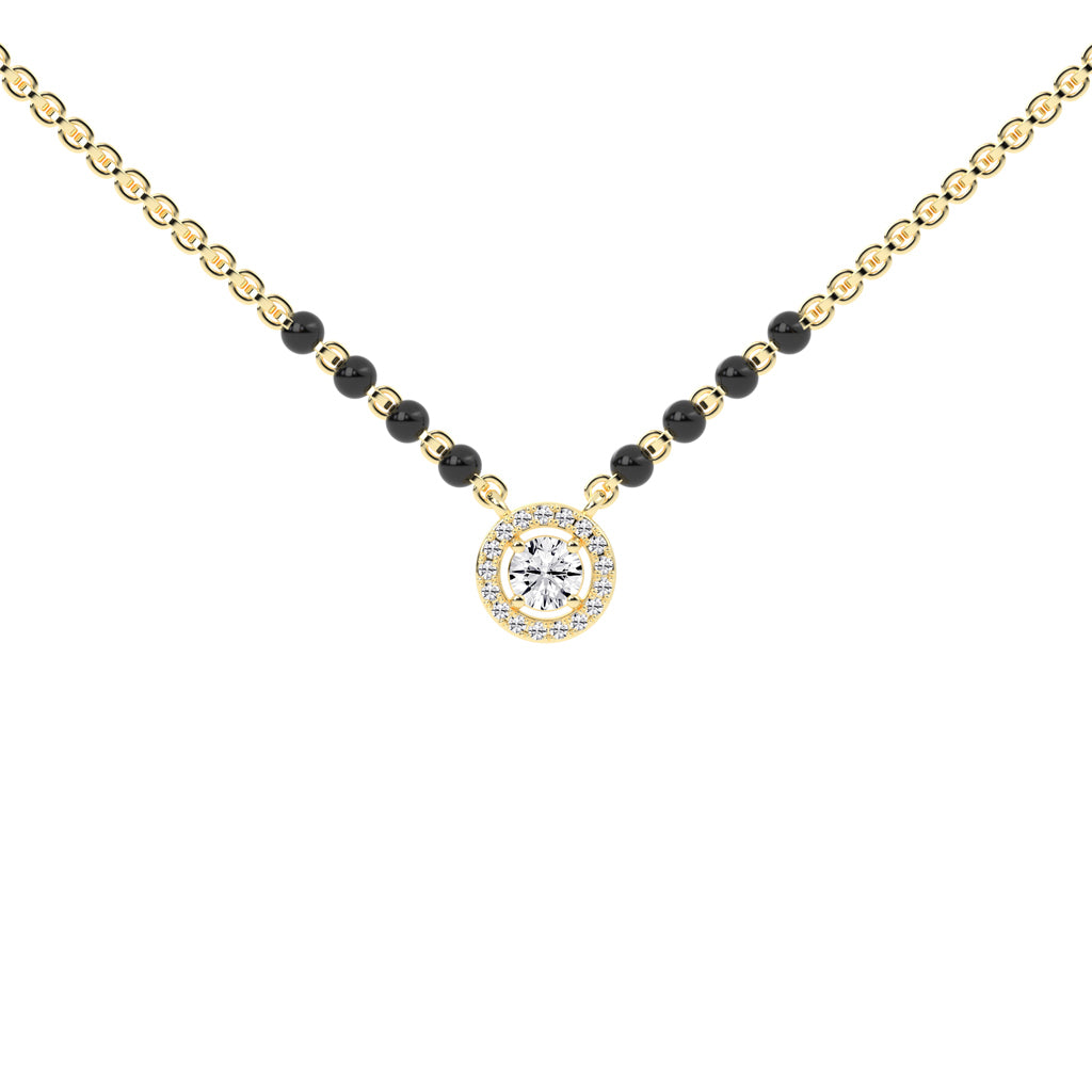 Classic 925 Silver 18k Gold Vermeil Halo Solitaire Mangalsutra Necklace with Black Beads
