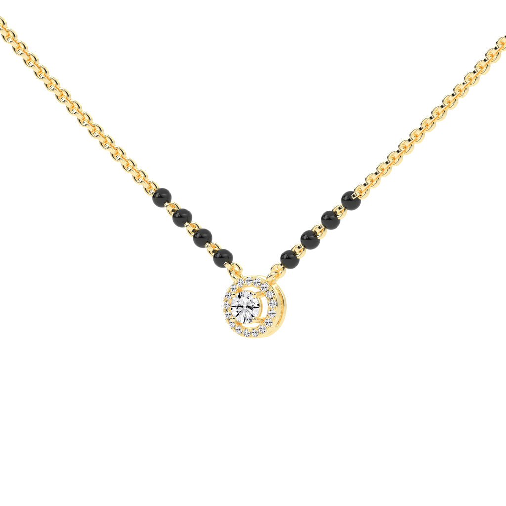 Classic 925 Silver 18k Gold Vermeil Halo Solitaire Mangalsutra Necklace with Black Beads