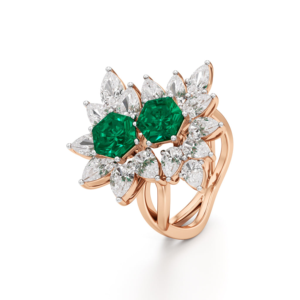 Hexagon Emerald  Pear Diamond Cluster Ring