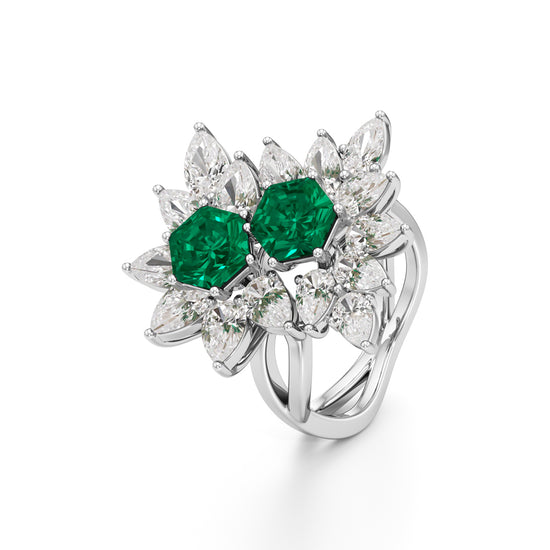 Hexagon Emerald  Pear Diamond Cluster Ring
