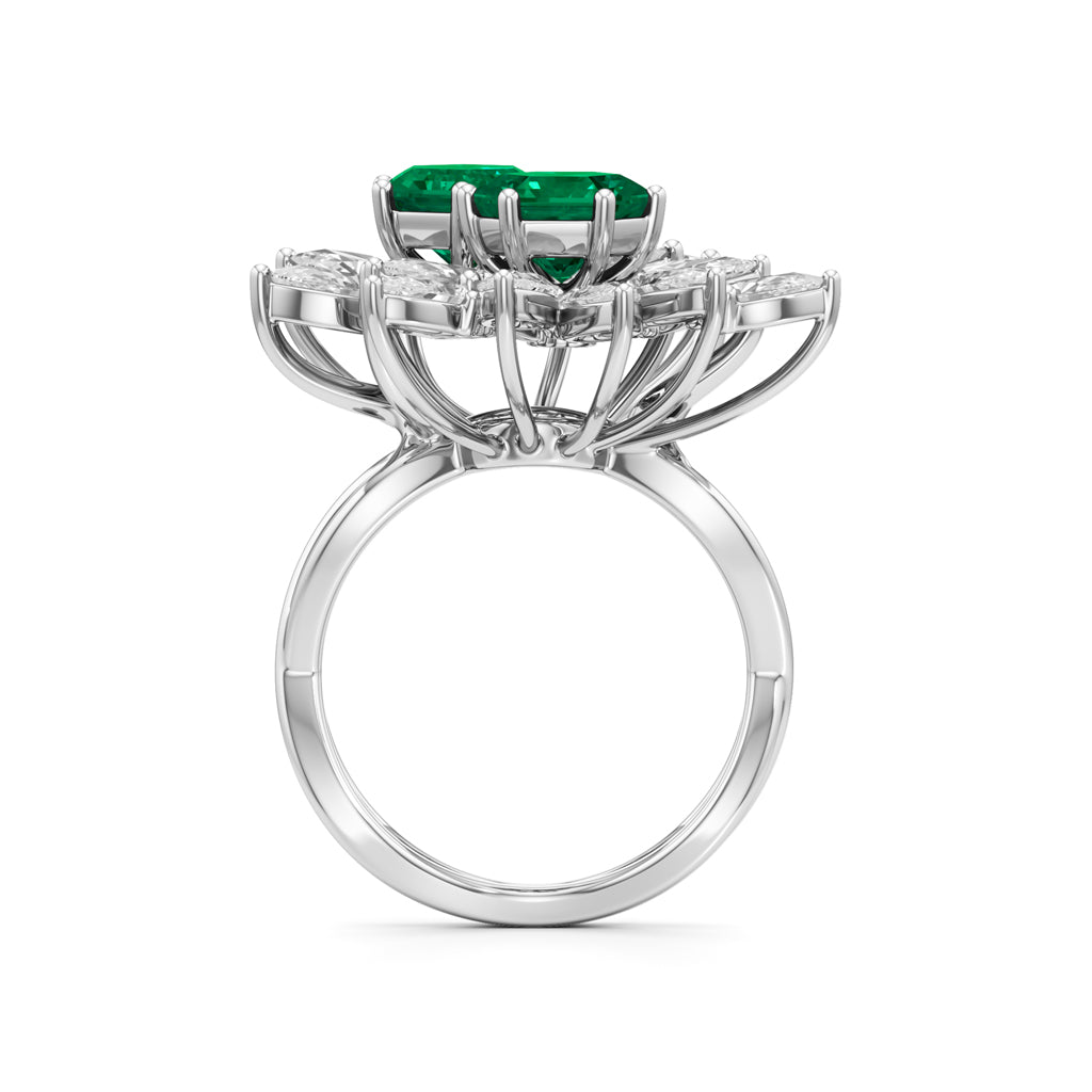 Hexagon Emerald  Pear Diamond Cluster Ring