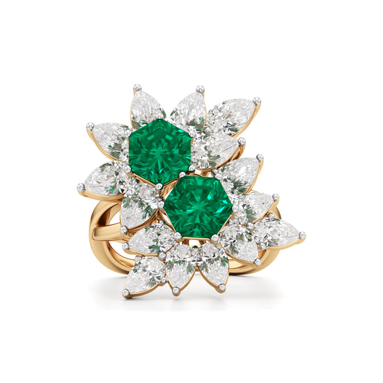 Hexagon Emerald  Pear Diamond Cluster Ring
