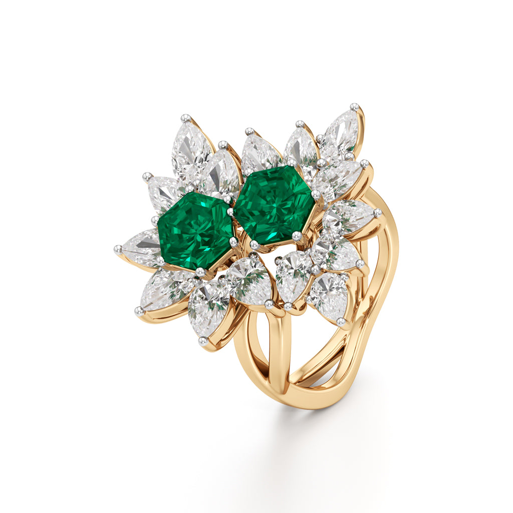 Hexagon Emerald  Pear Diamond Cluster Ring