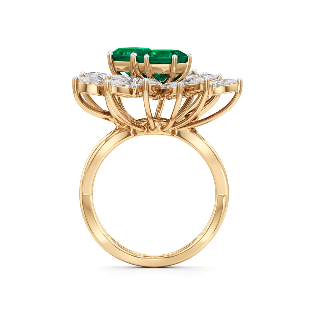 Hexagon Emerald  Pear Diamond Cluster Ring