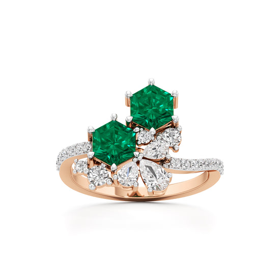 Hexagon Emerald  Diamond Cluster Swirl Ring