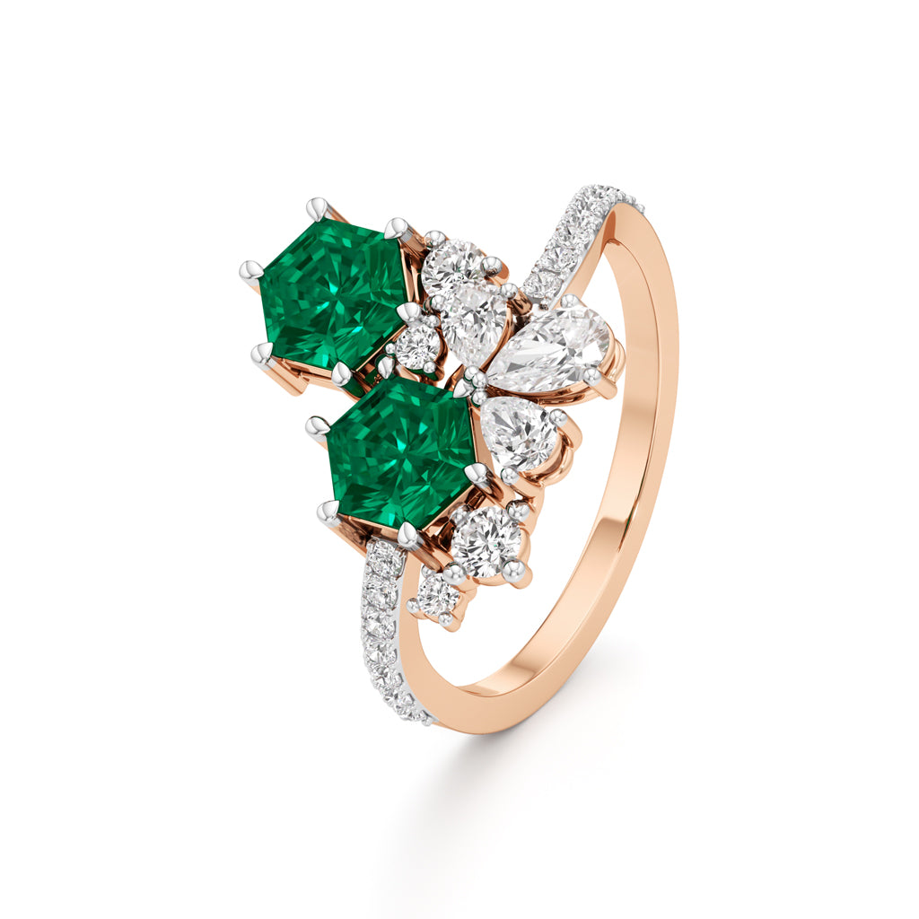 Hexagon Emerald  Diamond Cluster Swirl Ring