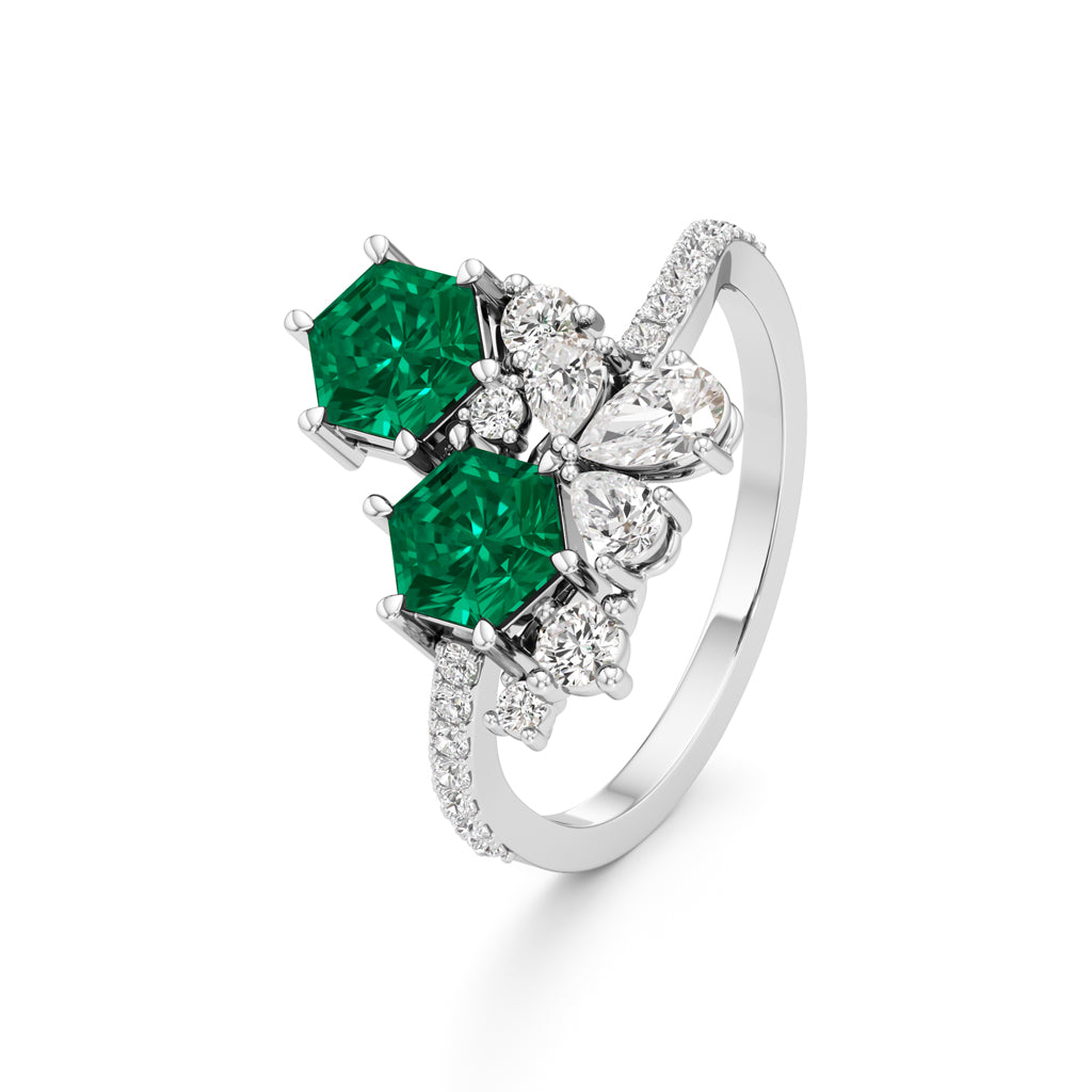 Hexagon Emerald  Diamond Cluster Swirl Ring