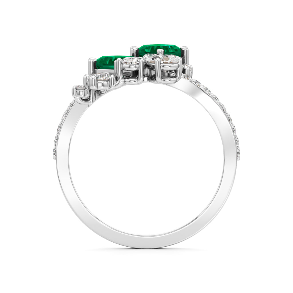 Hexagon Emerald  Diamond Cluster Swirl Ring