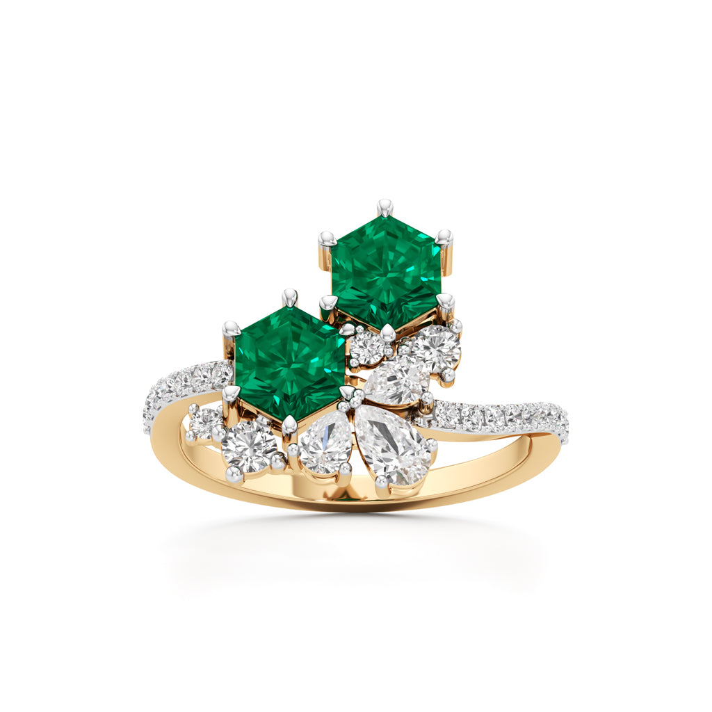 Hexagon Emerald  Diamond Cluster Swirl Ring