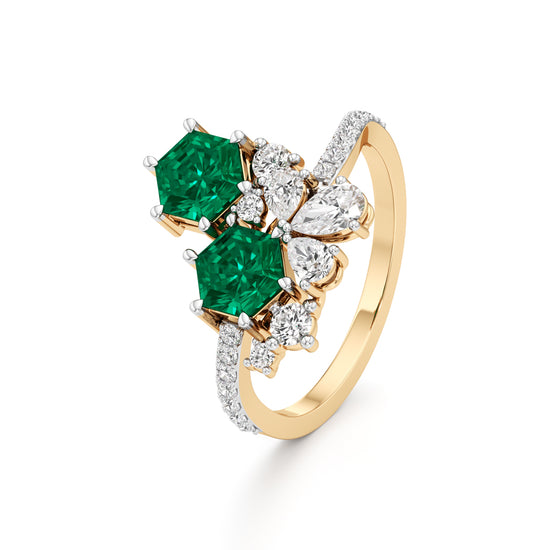Hexagon Emerald  Diamond Cluster Swirl Ring