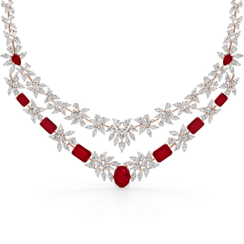 Diamond & Ruby Red Floral Cascade Necklace