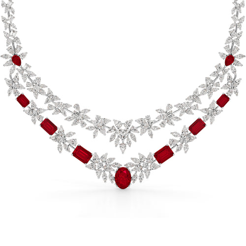 Diamond & Ruby Red Floral Cascade Necklace