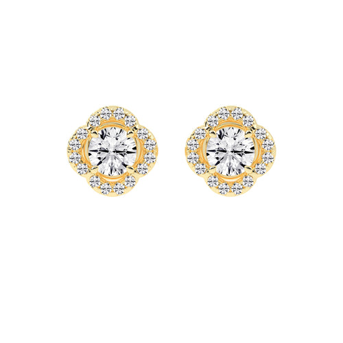 1.5Ct Round Shape Yellow Gold Halo Studs Earrings