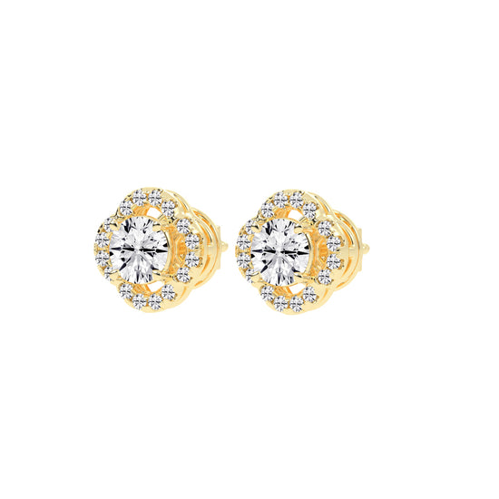 1.5Ct Round Shape Yellow Gold Halo Studs Earrings
