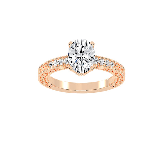 Trioside Filigree Oval Cut Side Stone Lab Diamond Ring