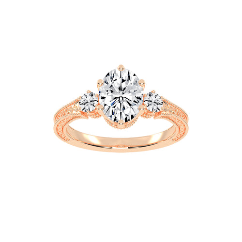 Trivoria Feligree Style Oval Cut Three Stone Lab Diamond Ring
