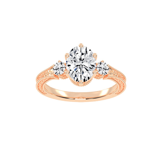 Trivoria Feligree Style Oval Cut Three Stone Lab Diamond Ring