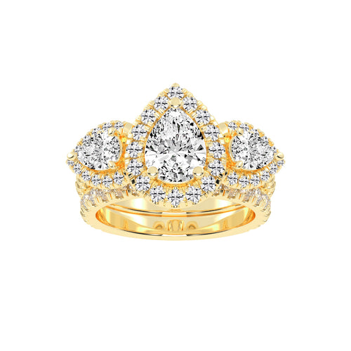 Halienneva Three Stone Pear Cut Halo Lab Diamond Ring