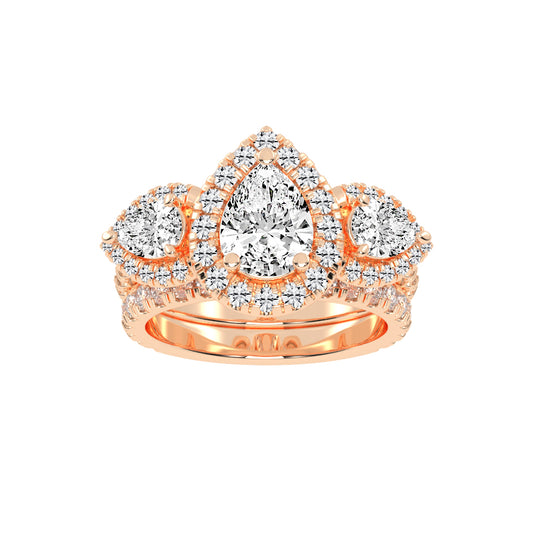 Halienneva Three Stone Pear Cut Halo Lab Diamond Ring