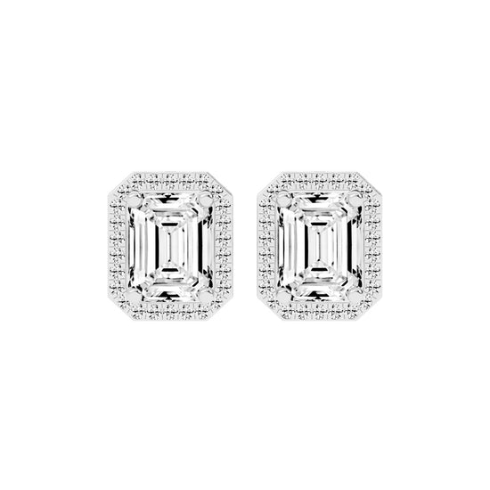 4.25Ct Emerald Shape, Gold, Halo Studs Earrings