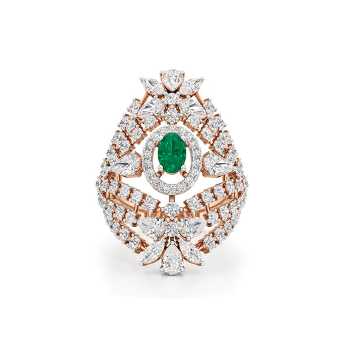 Ornate Emerald and Diamond Cluster Ring