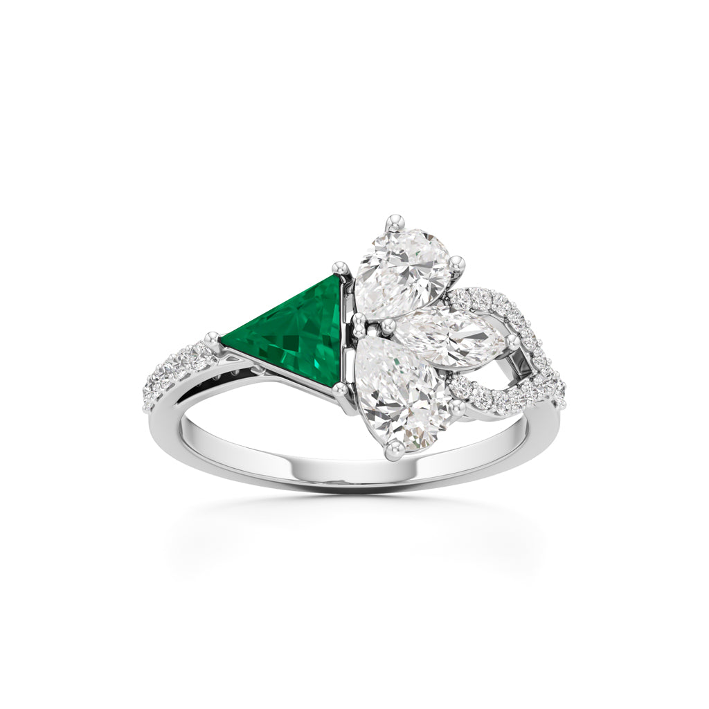 Majestic Emerald Bloom Ring with Radiant Diamond Petals and PavÃ© Embrace