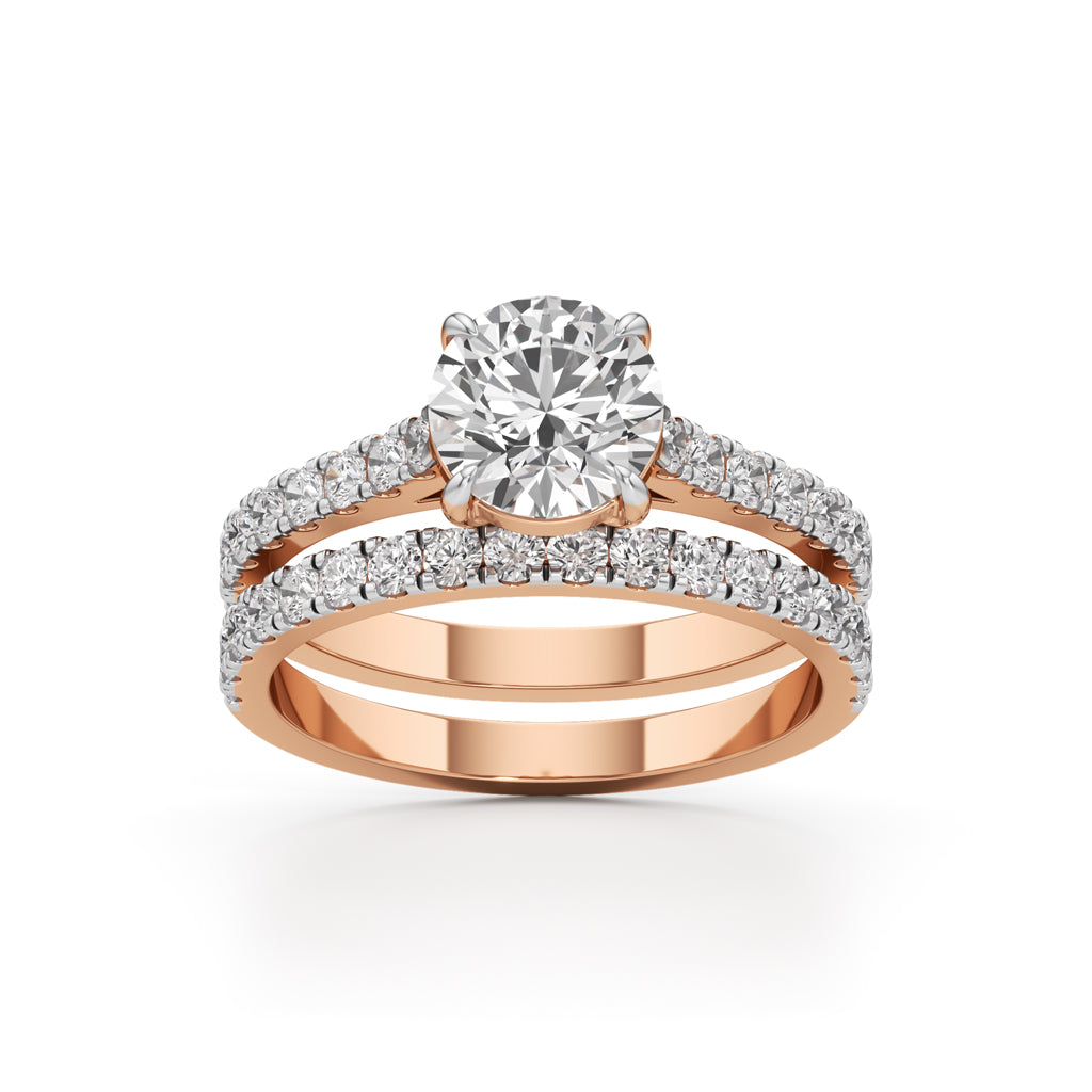 Round Diamond with Double Pave Band Wedding Set