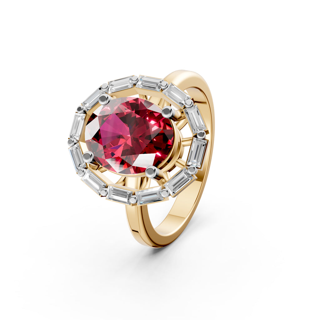 Statement Red Gem  Baguette Diamond Ring