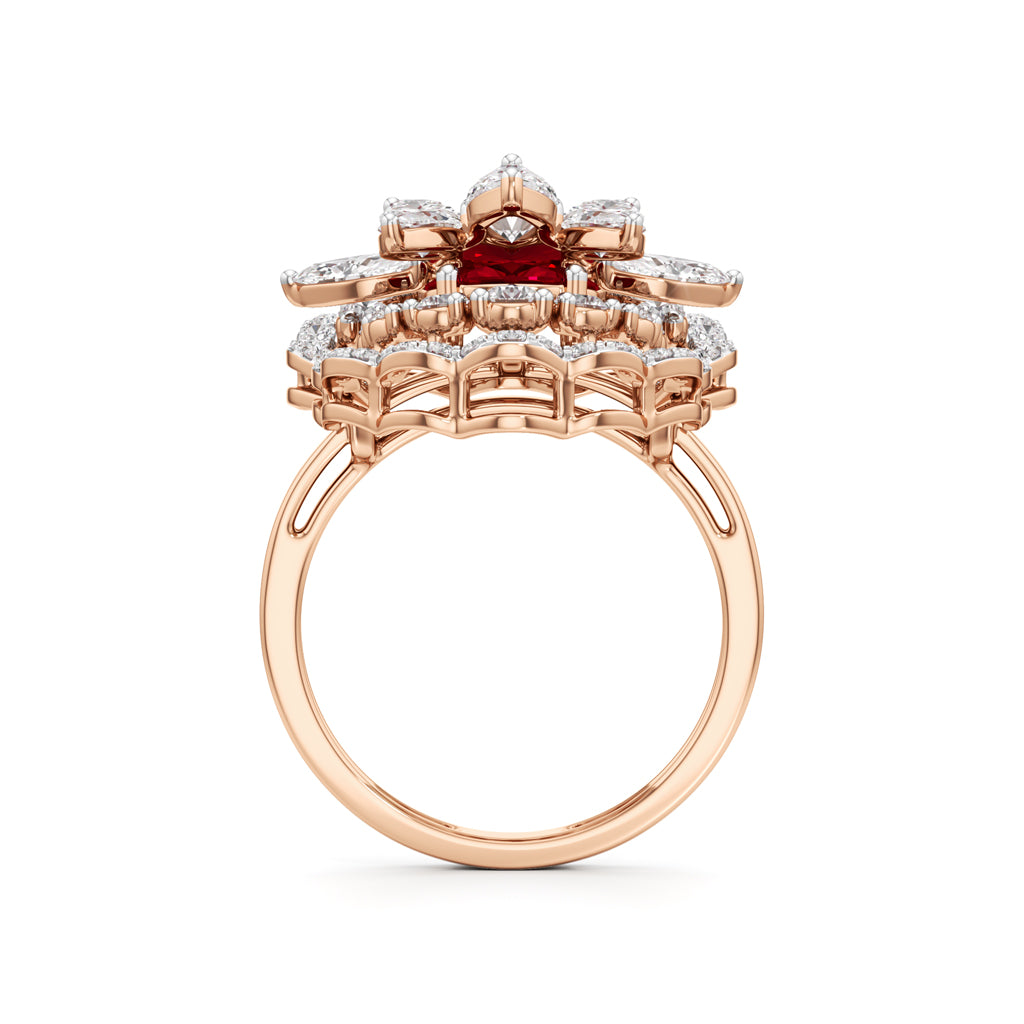 Royal Bloom Diamond  Ruby Cluster Ring