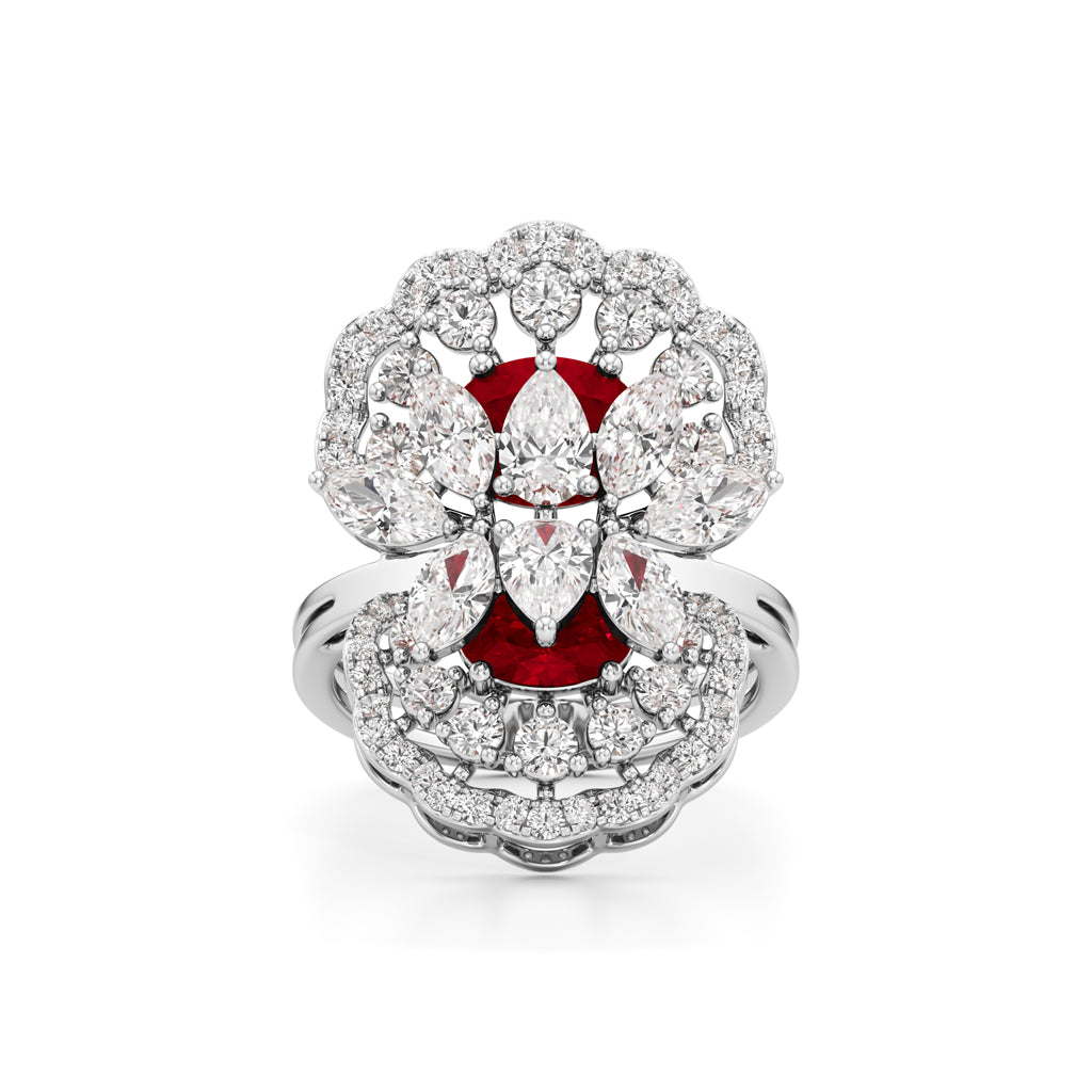 Royal Bloom Diamond  Ruby Cluster Ring