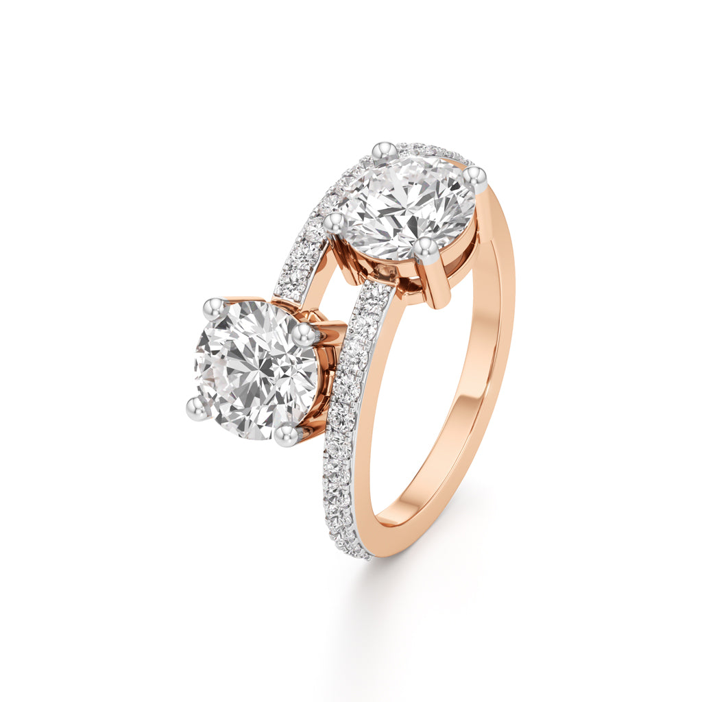 TwoStone Round Diamond Bypass Ring with Diamond Line