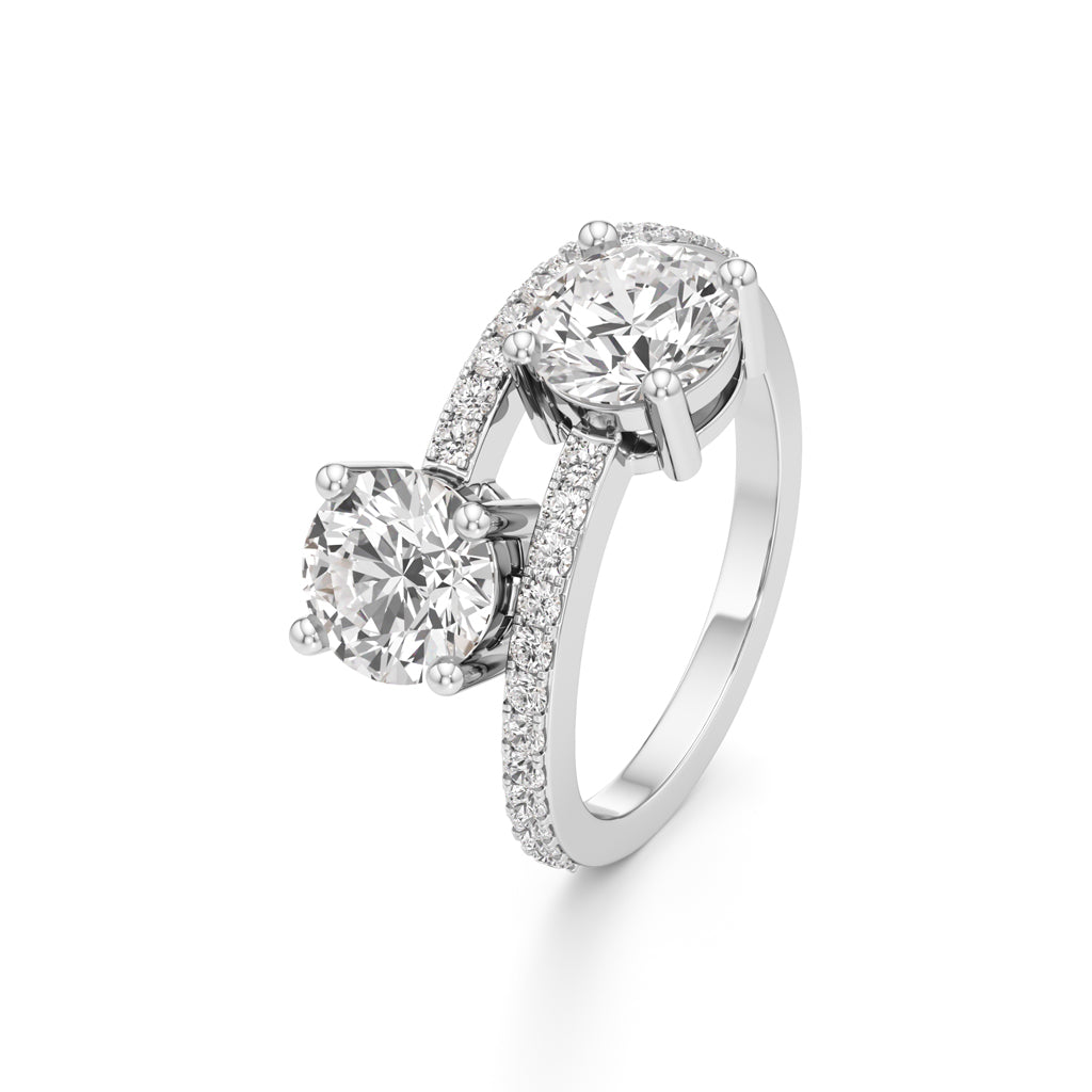 TwoStone Round Diamond Bypass Ring with Diamond Line
