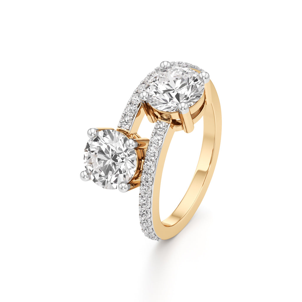TwoStone Round Diamond Bypass Ring with Diamond Line