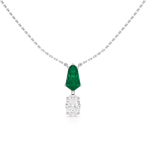 Esmeria Emerald & Oval Diamond Drop Pendant Necklace