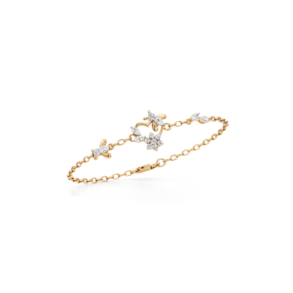 925 Sterling Silver 18K Gold Vermeil Floral Heart Bracelet with Lab Grown Diamonds  7 Inch