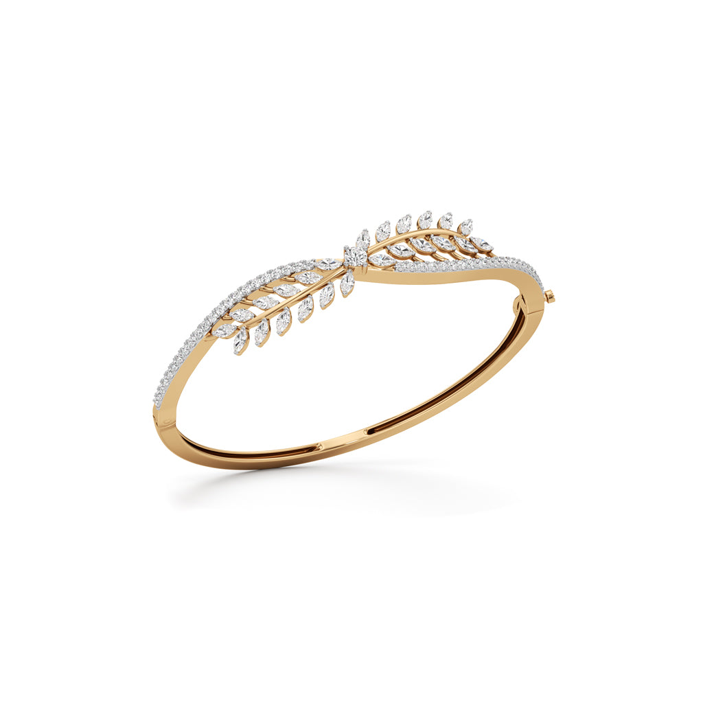 Solid 925 Silver  18k Gold Vermeil Sparkling Marquise LeafMotif Statement Bangle