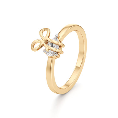 Whimsical PearCut 925 Silver 18k Gold Plated Artisan Bow Statement Ring