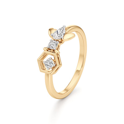 Geometric Bee and Hexagon 925 Silver 18k Gold Plated Artisan Statement Ring