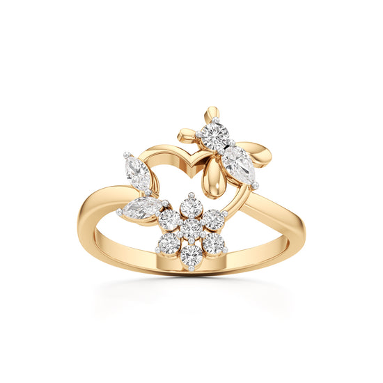 Botanical Heart  Floral Cluster 925 Silver 18k Gold Plated Artisan Statement Ring