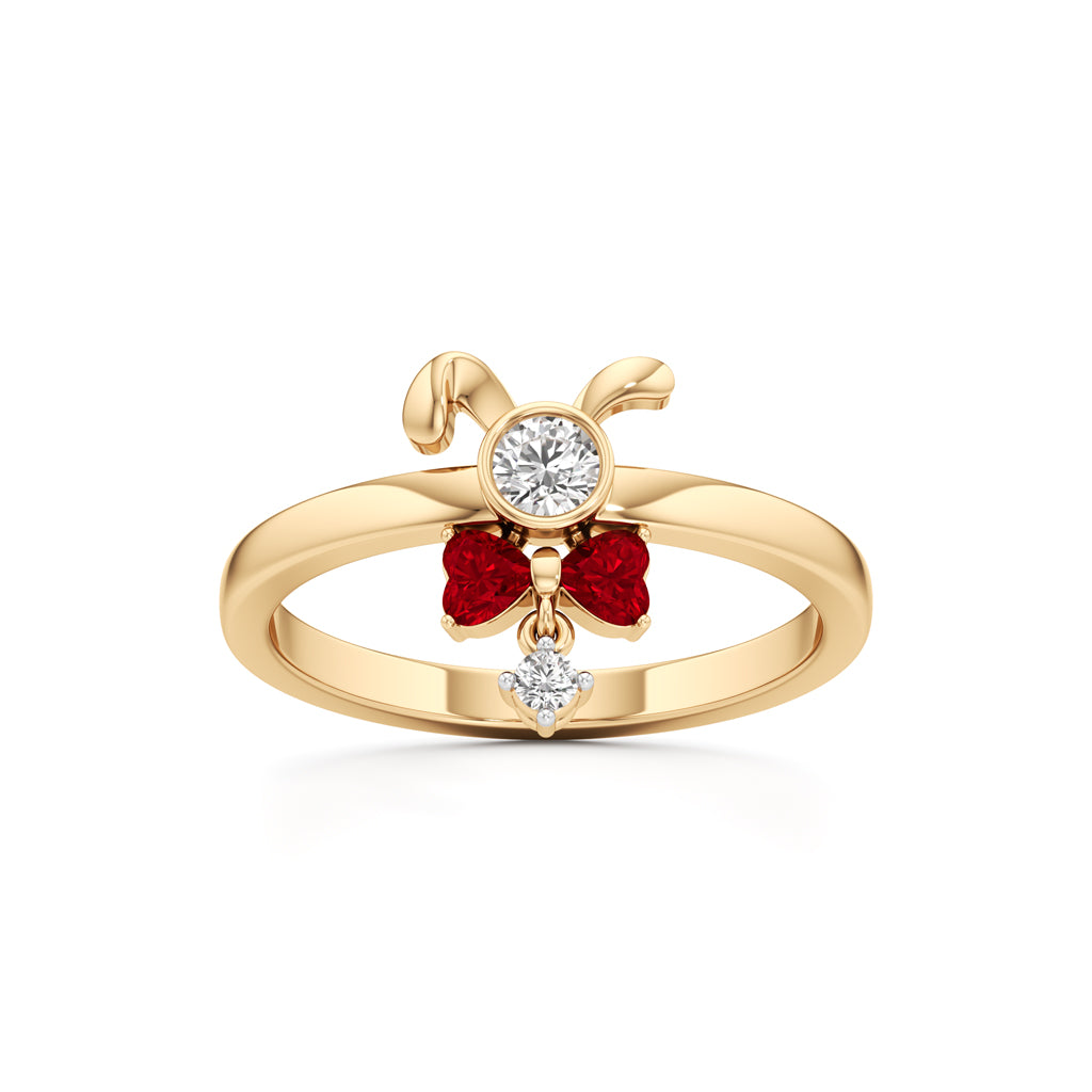 Whimsical Ruby Heart Bow  Bunny 925 Silver 18k Gold Plated Artisan Dangle Ring