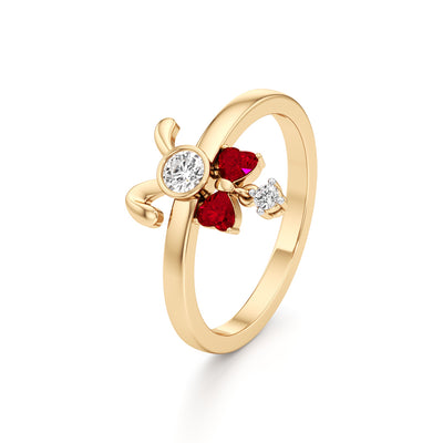 Whimsical Ruby Heart Bow  Bunny 925 Silver 18k Gold Plated Artisan Dangle Ring