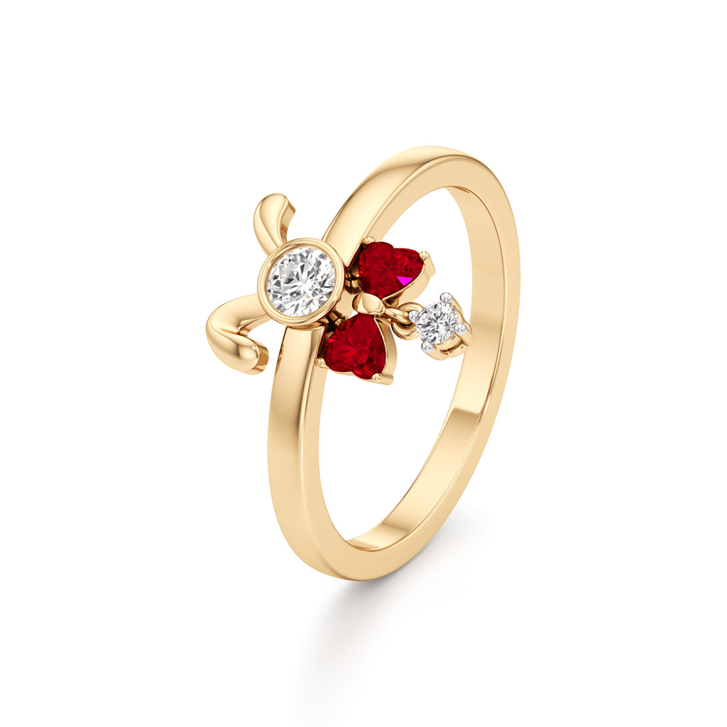 Whimsical Ruby Heart Bow  Bunny 925 Silver 18k Gold Plated Artisan Dangle Ring